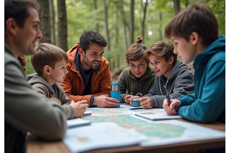A group of adults and children gathered around a picnic table with a map and camping supplies, planning their trip.