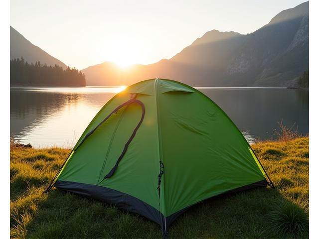 A spacious, green dome tent pitched by a serene mountain lake at sunrise, showcasing comfort and reliable shelter.