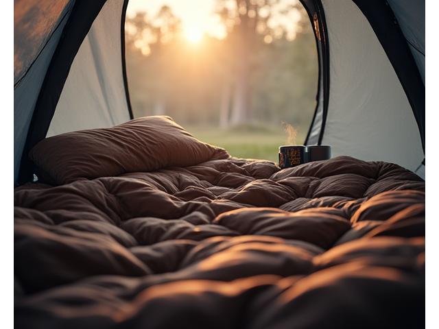 Compact synthetic sleeping bag rolled out inside a tent with a cup of coffee nearby.