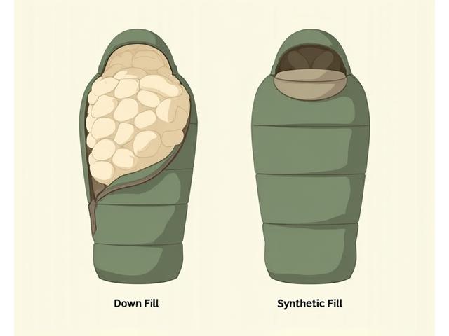 Diagram showing cross-section of sleeping bag insulation types: down and synthetic, with arrows indicating heat retention.