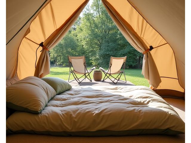 Rectangular sleeping bag laid out in a spacious tent campsite with morning sun